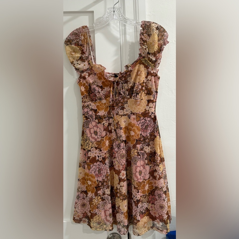 NWT Forever 21 multicolor floral mesh puff sleeve dress